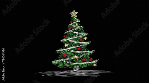  Christmas Tree and star, drawn in chalk over black background. In white, red and green. 