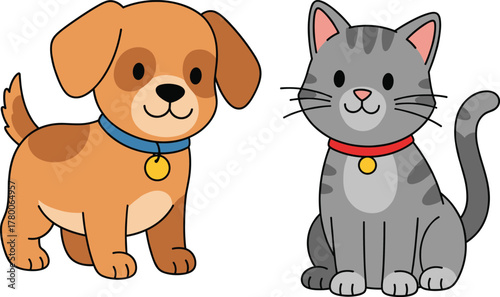 Cute cartoon dog and cat vector illustration, adorable pets with smiling faces, friendship and love concept, animal care design for kids, education, and pet projects