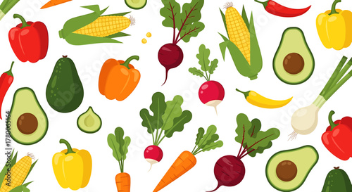 Colorful seamless pattern of various fresh vegetables including corn, avocado, peppers, and carrots on a white background.