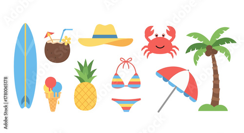 A vibrant collection of summer vacation icons including a surfboard, coconut drink, pineapple, bikini, ice cream, hat, crab, palm tree, and umbrella.