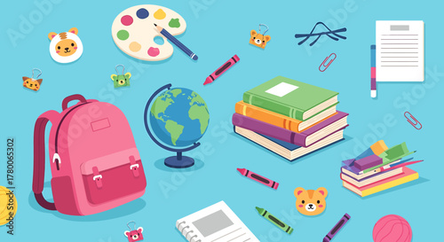 A collection of colorful school supplies including a backpack, books, globe, and art materials on a blue background.