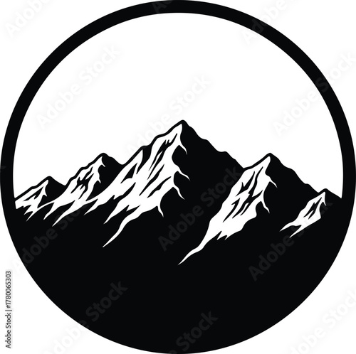 Vector majestic mountain range peak inside a circle silhouette illustration