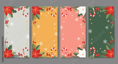 Set of four festive Christmas story templates with poinsettias, candy canes, holly, and snowflakes on various colored backgrounds.