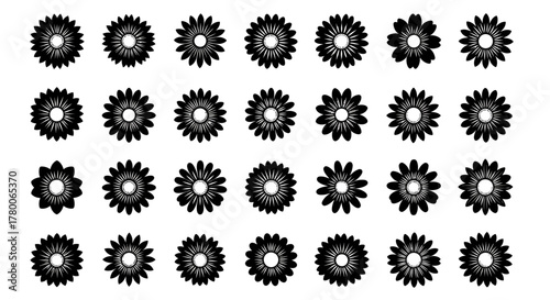 A collection of various stylized floral designs, each with unique petal arrangements and intricate details.