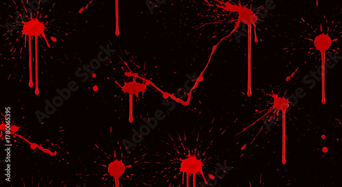 Blood splatter pattern on black background, with drips and splatters.