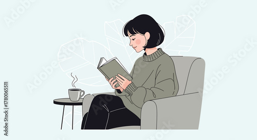 A woman sits in a chair, reading a book, with coffee nearby.