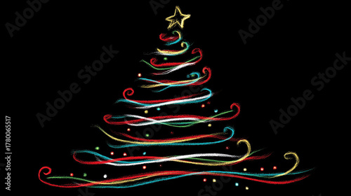 Abstract Christmas Tree and star made of ribbin, drawn in chalk over black background. In gold,red and light blue. 