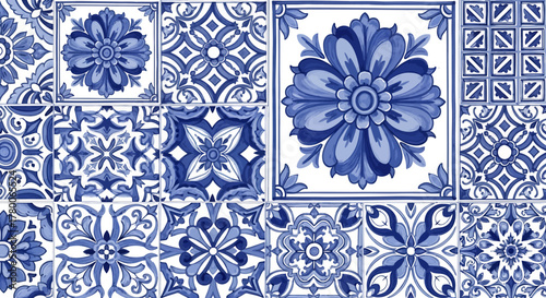 Blue and white patterned tiles with floral and geometric designs.