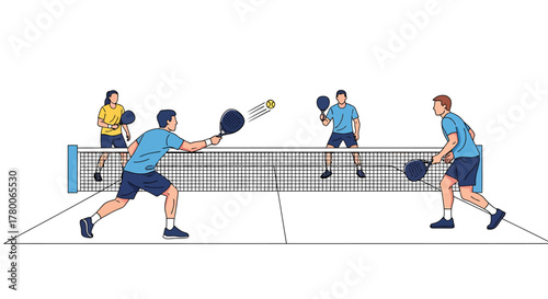 Four individuals playing a game of pickleball, hitting the ball over the net.