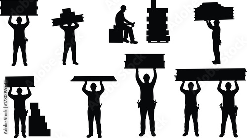 Worker silhouette, box lifting, manual labor, warehouse action, pallet handling, seated figure, tool belt, job task, black shape, posture