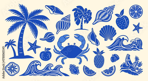 A collection of blue tropical and marine elements including palm trees, seashells, crabs, waves, and fruits.