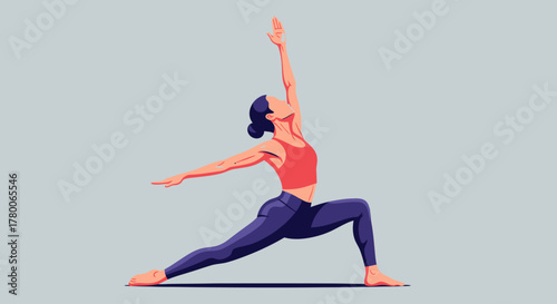 A woman practices a yoga pose, stretching and balancing with arms raised.