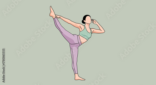 Woman in yoga pose, balancing on one leg while holding her other foot, wearing athletic clothing.