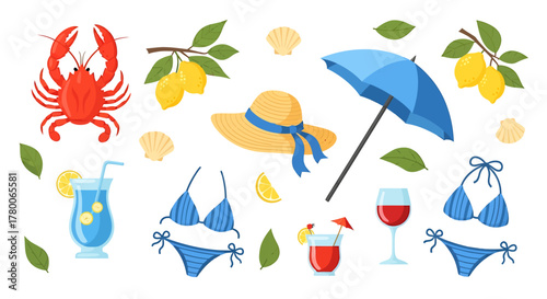 A vibrant collection of summer beach essentials including a lobster, cocktails, swimwear, a sun hat, and an umbrella.