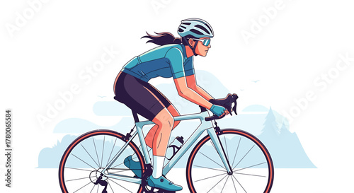 A woman in cycling gear rides a bicycle, focused and determined on a ride.