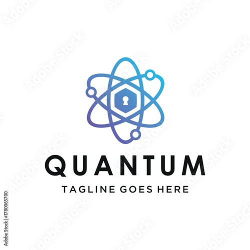 Modern quantum atom structure with Hexagon Keyhole Symbol for advanced security digital innovation logo design
