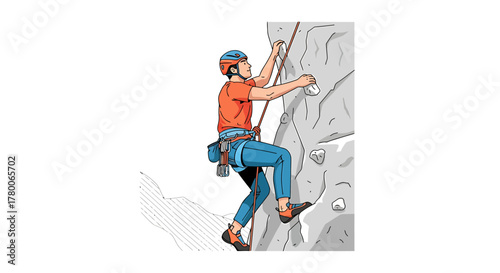 A man in climbing gear ascends a rock face with a rope, wearing a helmet and harness.