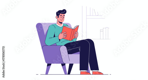 A man is sitting in a purple armchair reading a book in a minimalist interior setting.