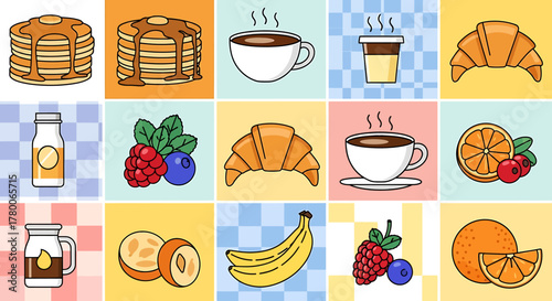 Cartoon illustrations of various breakfast food and drink items arranged in a colorful grid pattern.