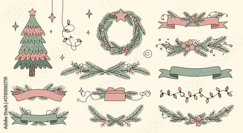 Christmas-themed illustration featuring a decorated tree, wreath, ribbons, and various festive elements.