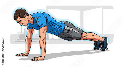 A man performs a push-up exercise, demonstrating strength and fitness.