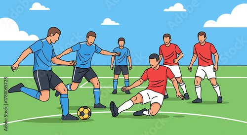 Soccer players in action on a green field, kicking and defending the ball.