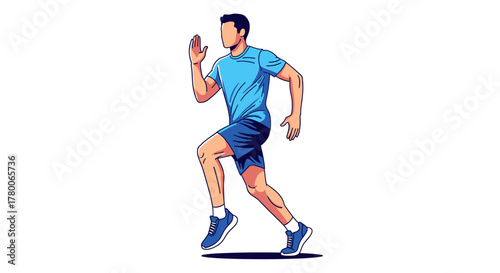 A stylized illustration of a man running, depicted in a blue athletic outfit against a white background.