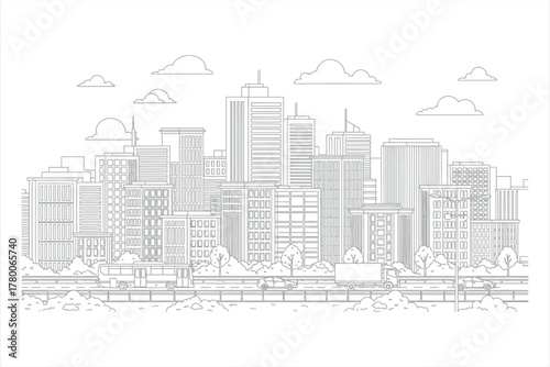 Modern City Skyline Line Art Illustration