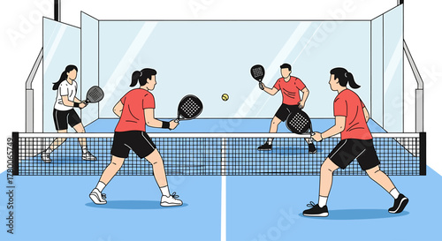 Four people playing padel tennis on a blue court with glass walls, two on each side of the net.