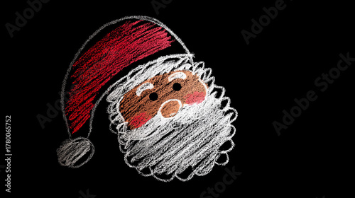 Child's drawing of Santa Claus in chalk scribbles on a black background