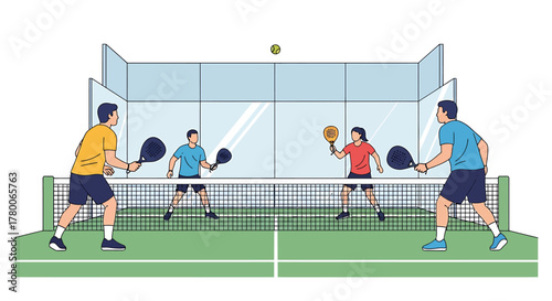 Four people playing padel tennis on an enclosed court with a net and a ball in the air.