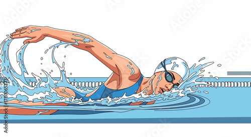A swimmer in a pool, performing the freestyle stroke with splashing water.