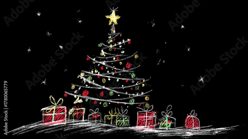 Chalk drawing of greem Christmas Tree and gifts in green red and white. Ona black 
