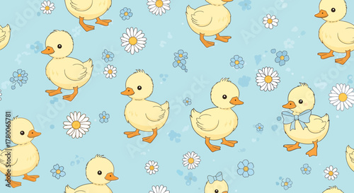 Seamless pattern featuring adorable yellow ducklings and delicate flowers on a soft blue background.