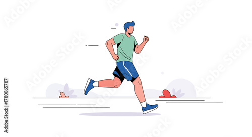 A cartoon illustration depicts a man running with energy and speed on a track.