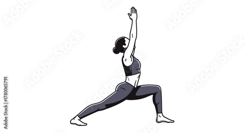 Woman in sportswear performing a yoga pose, warrior one variation, with arms raised overhead.
