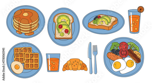 Breakfast foods including pancakes, toast, waffles, eggs, croissant, and juice on blue plates.