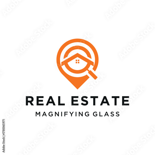 Modern Real Estate with House Magnifying Glass Location Pin For property search business apps logo design