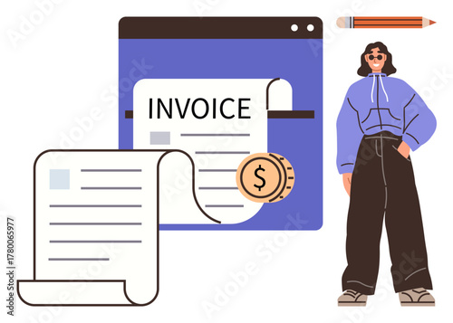 A large invoice interface with currency coin icon, outlined documents, pencil, and a casually dressed person. Ideal for finance, fashion, creativity, organization, business accounting simple flat
