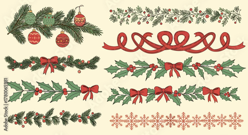 Collection of various Christmas-themed decorative borders, featuring ornaments, bows, and festive foliage.