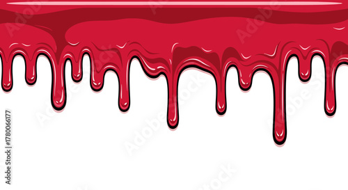 Vibrant red glossy liquid dripping down from the top creating a seamless border on a white background.