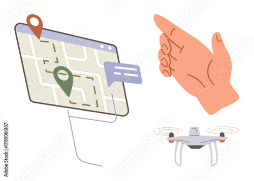 Map with location pins, hand gesture indicating direction, and quadcopter. Ideal for navigation, delivery, logistics, technology, innovation route planning communication. Simple flat metaphor