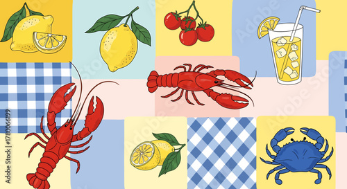 A vibrant illustration featuring fresh lemons, ripe tomatoes, a refreshing lemonade, and two lobsters and a crab, set against a backdrop of colorful checkered patterns.