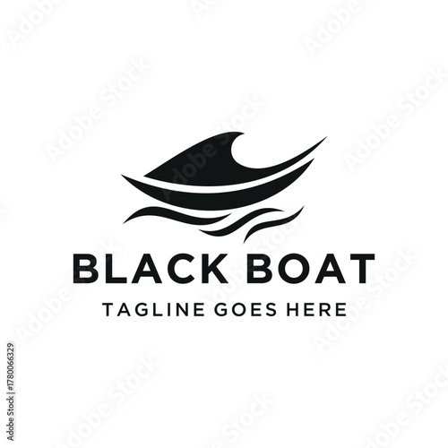Modern abstract black boat with sailing stylized waves for Marine water sports or nautical business logo design