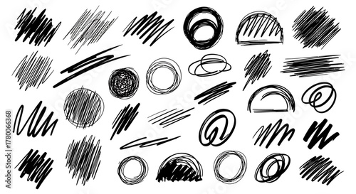 Collection of hand-drawn scribble elements in black on a white background.
