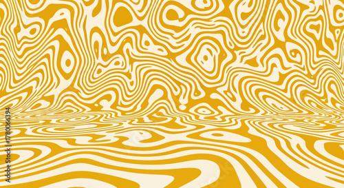 Abstract psychedelic yellow and cream swirling liquid marble pattern background with warped perspective.