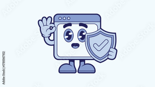 Cartoon Browser Window Character with Security Shield and Ok Gesture, Illustration