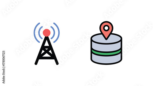 Cartoon Illustration of Network Antenna Broadcasting and Data Storage with Location Pin on White Background
