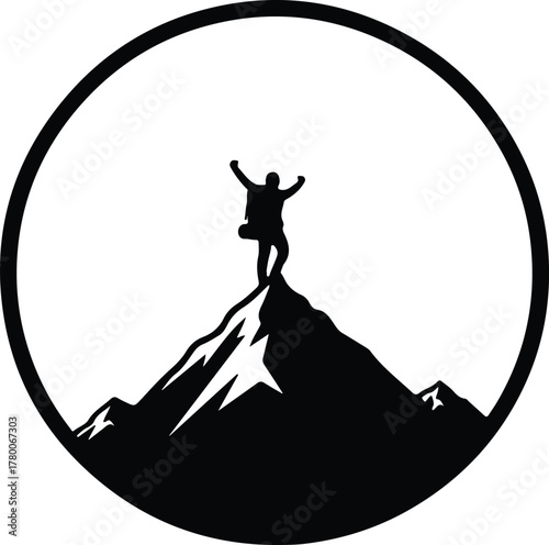 Vector silhouette of mountaineer atop mountain peak with arms raised silhouette illustration