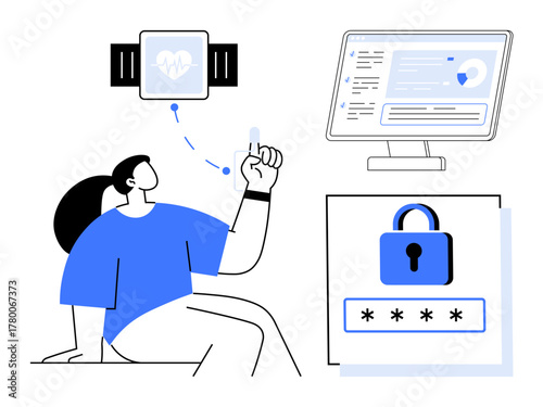 Person using health smartwatch, secure password entry with lock symbol, and connected data visualization. Ideal for healthcare, security, technology, fitness, innovation, analytics digital health